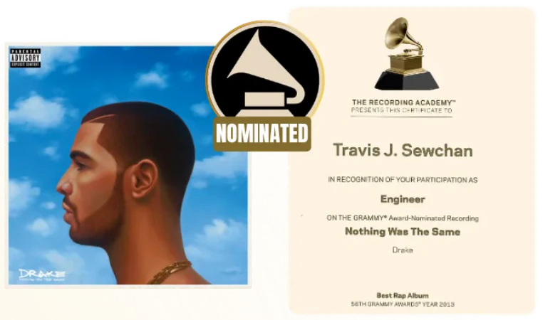 The Nothing Was the Same album cover beside the Recording Academy certificate presented to Travis J. Sewchan, Engineer