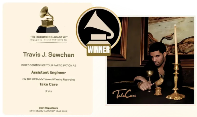 Recording Academy certificate presented to Travis J. Sewchan, Assistant Engineer, beside the Take Care album cover