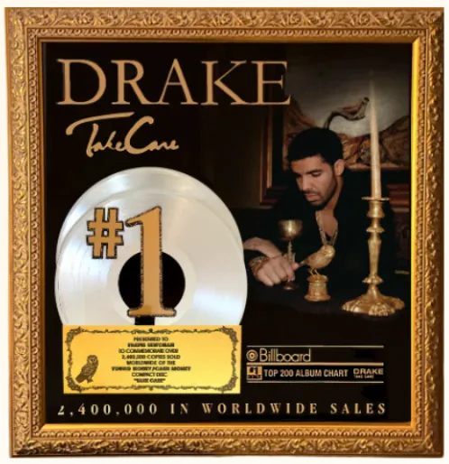 Framed Take Care plaque: number one on the Billboard 200, 2,400,000 in worldwide sales